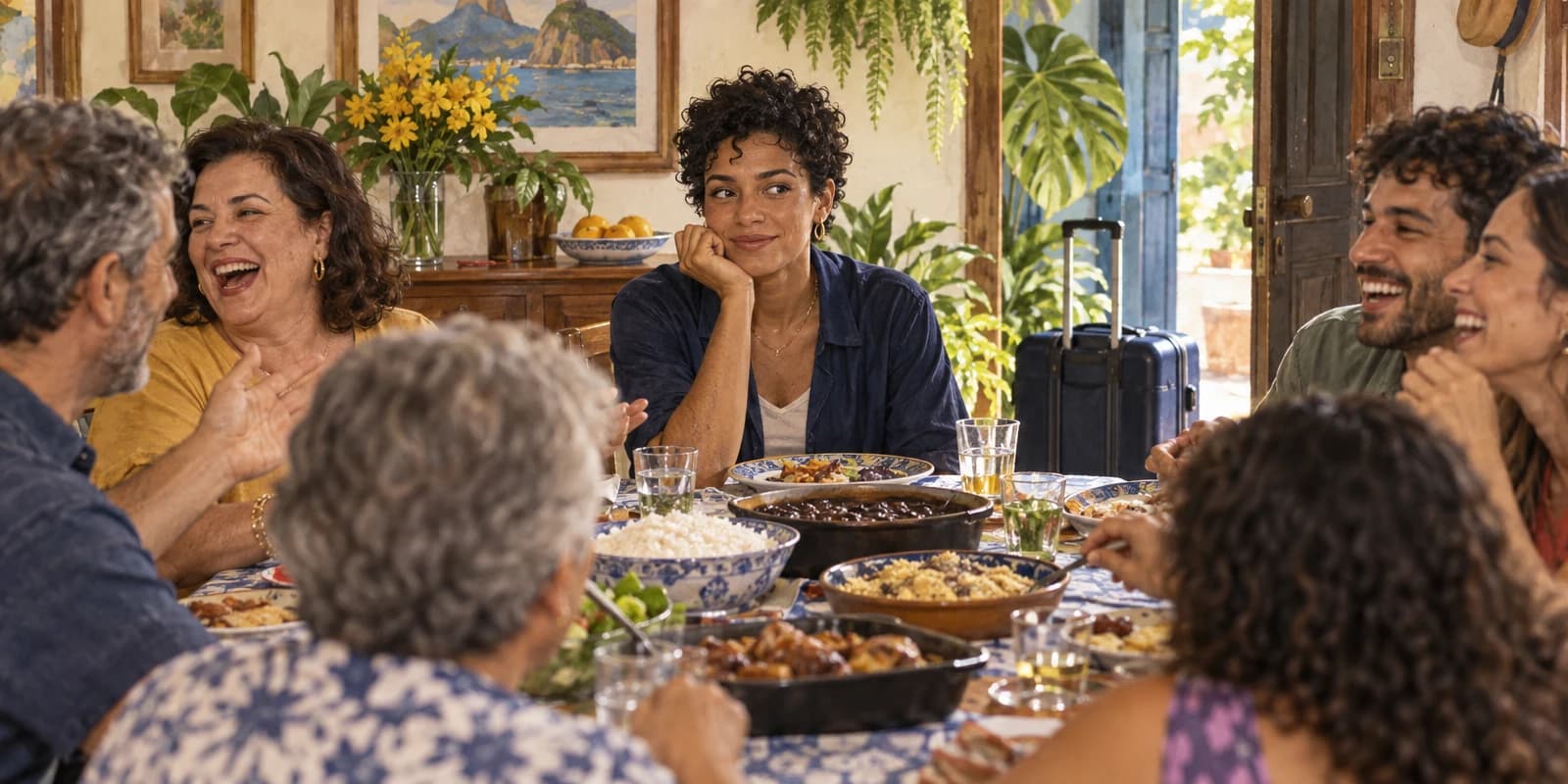 Num almoço de domingo em família, uma mulher recém-chegada do exterior sorri educadamente, um pouco deslocada, com a mala ainda perto da porta.