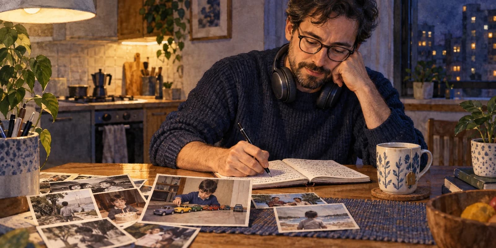 À noite, na mesa da cozinha, um homem escreve uma lista num caderno, cercado de fotos da própria infância, pensativo.