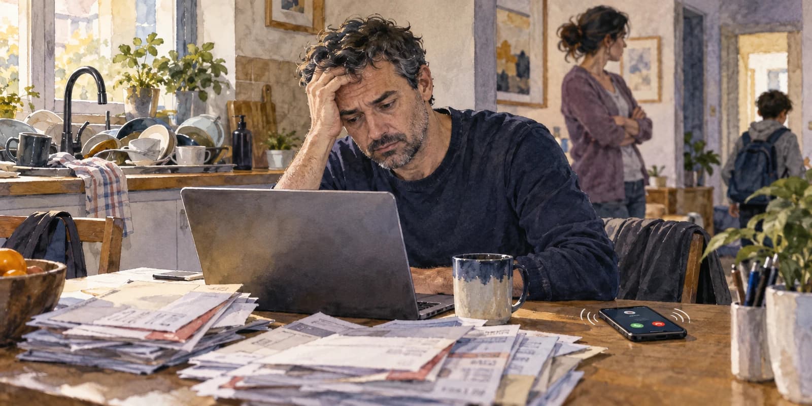 Em casa, um homem apoia a cabeça na mão diante de contas acumuladas, mensagens não lidas e louça na pia, sem atender o telefone.