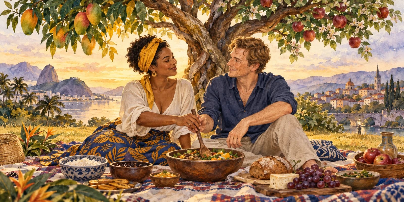 Um casal de origens diferentes faz um piquenique sob uma árvore enxertada de duas espécies, com mangas de um lado e maçãs do outro; entre eles, comidas das duas tradições e as duas mãos na mesma colher.