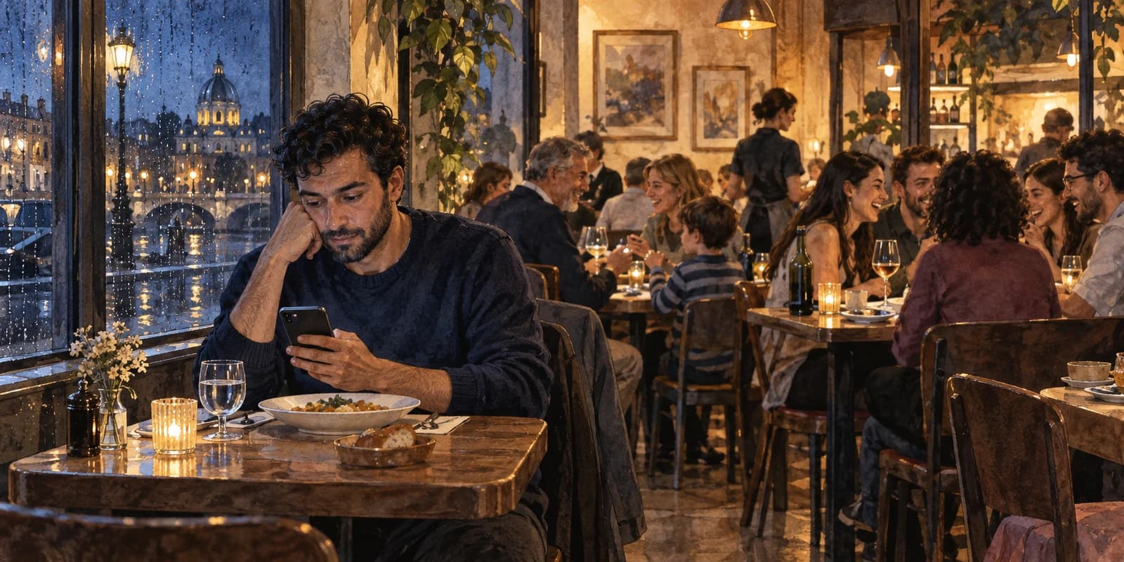 Num restaurante no exterior, um homem janta sozinho olhando o celular, enquanto as mesas ao redor estão cheias de amigos e famílias.
