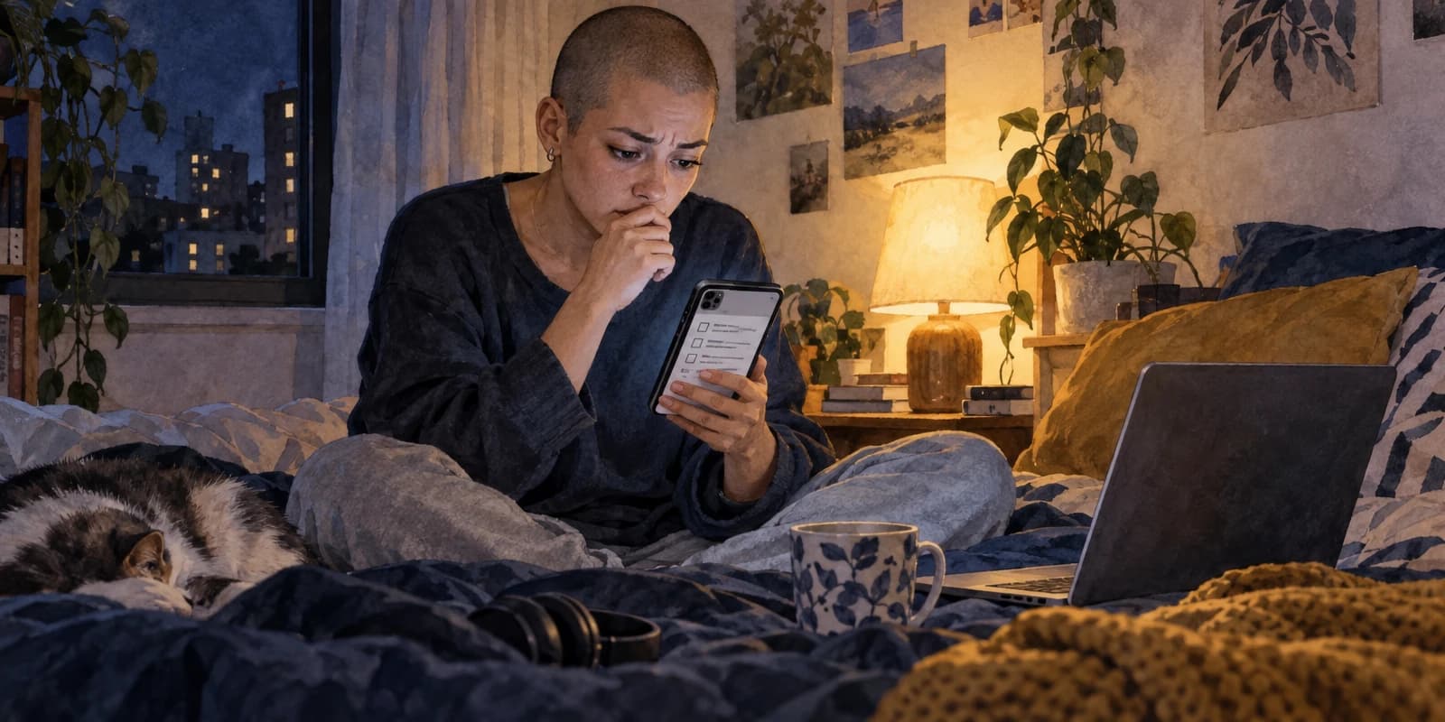 À noite, na cama, uma jovem responde no celular a um questionário online de TDAH, com ar de dúvida.