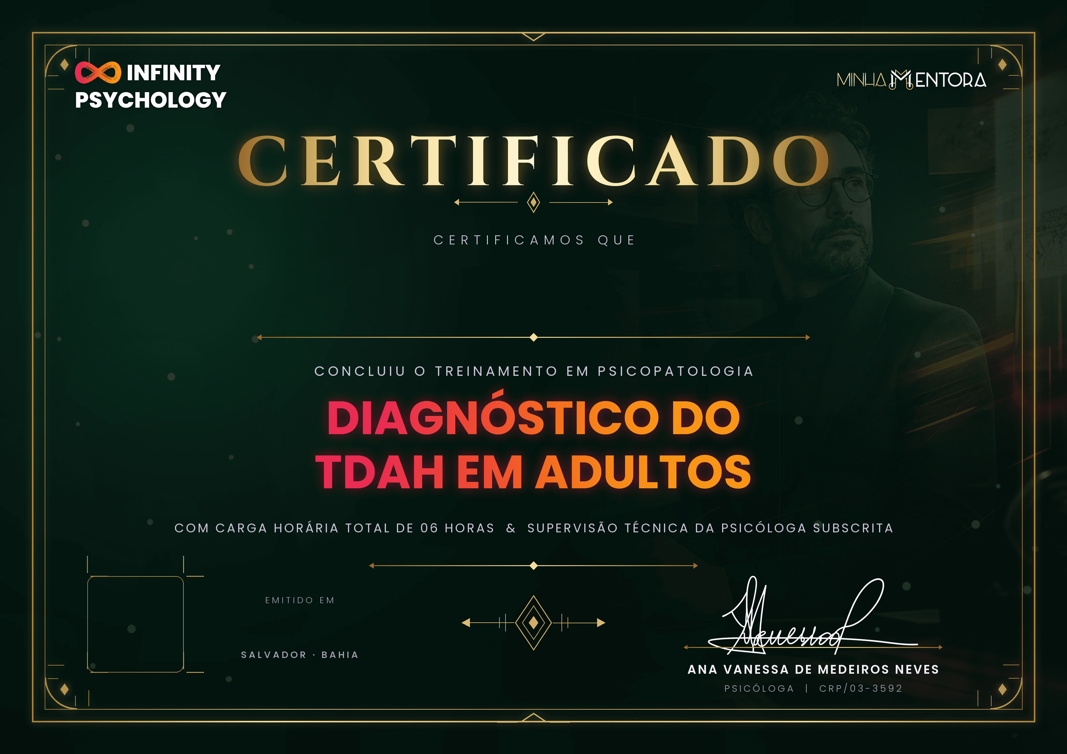 Mockup do certificado digital do módulo Diagnóstico do TDAH em Adultos