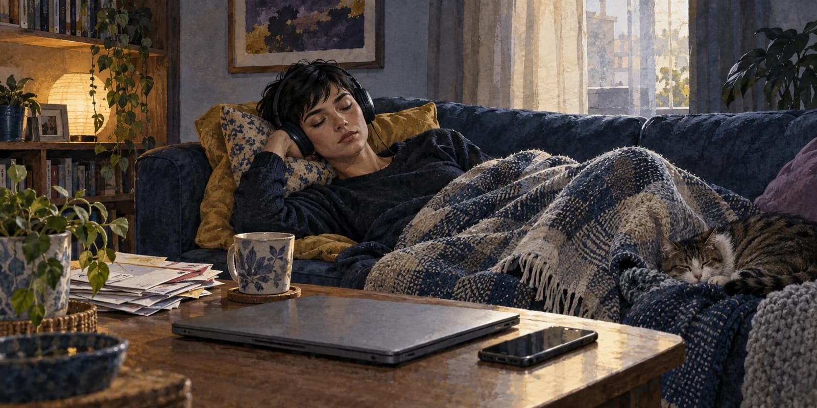 Numa sala na penumbra, uma jovem de fones abafadores descansa no sofá sob uma manta, exausta; na mesa, o notebook fechado, correspondências e um chá esquecido.
