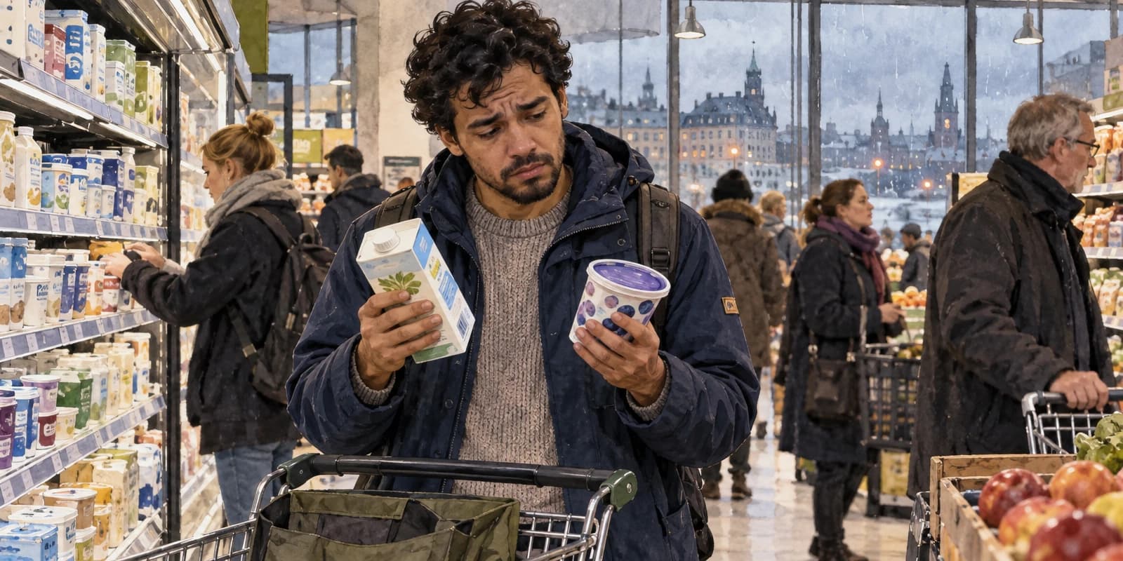 Num supermercado no exterior, um brasileiro recém-chegado segura dois produtos desconhecidos e tenta decifrar as embalagens, cansado, enquanto os clientes passam apressados.