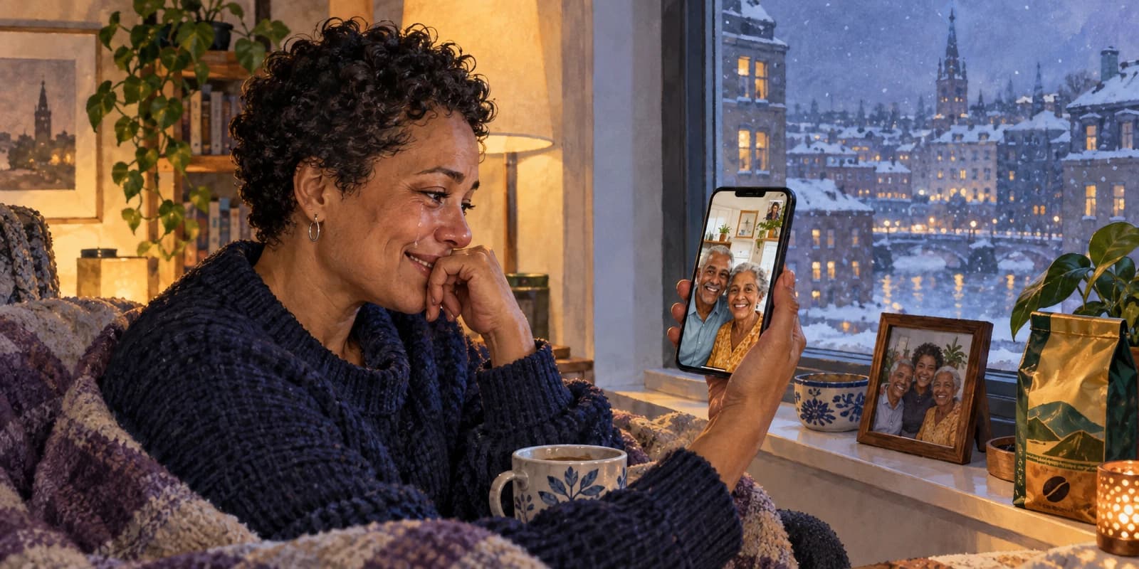 Numa noite de neve no exterior, uma mulher conversa por vídeo com os pais idosos no Brasil, sorrindo com os olhos marejados.