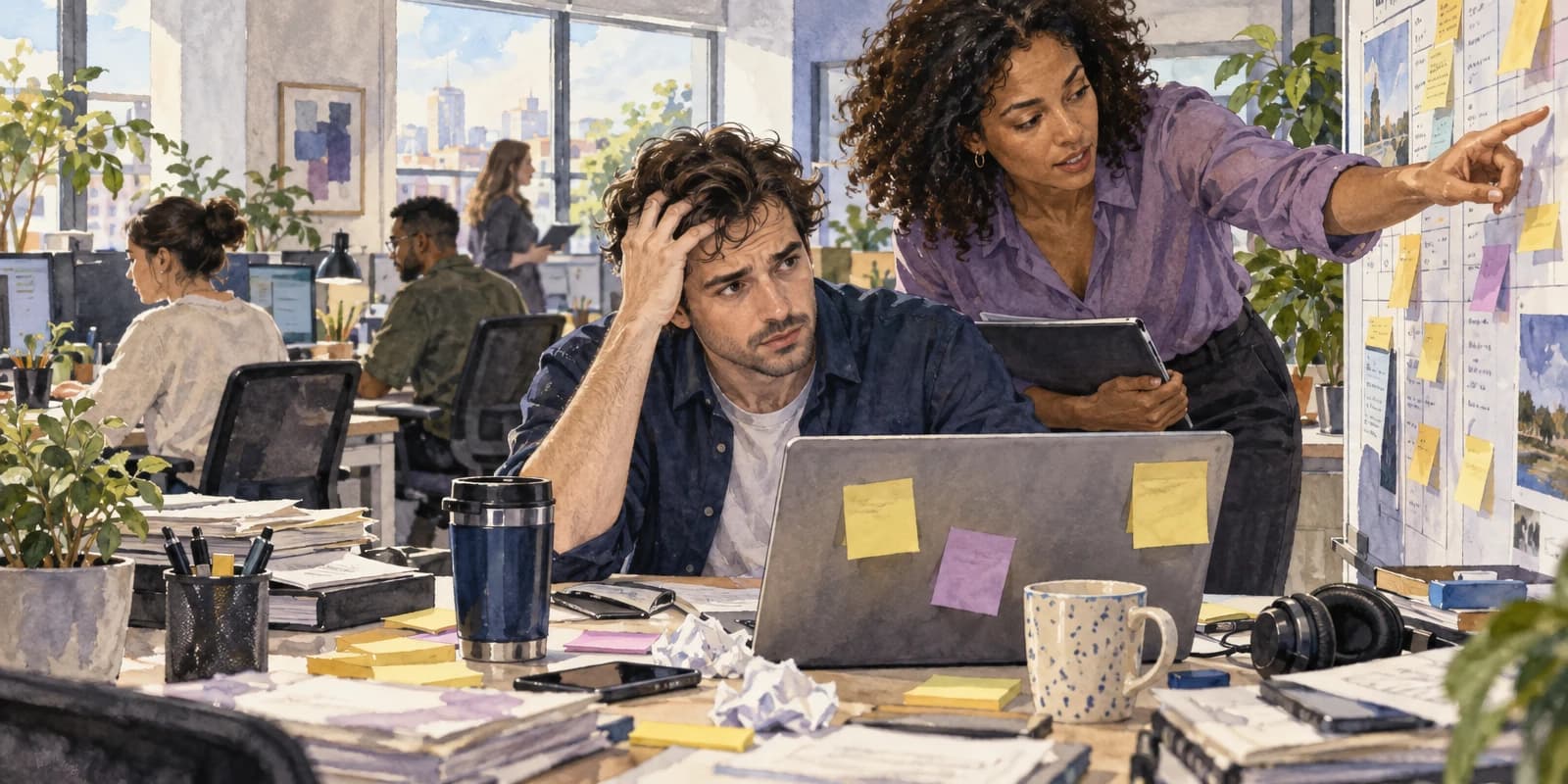 No escritório, um homem cercado de post-its e notificações ouve a colega apontar um prazo no quadro de planejamento, sobrecarregado mas determinado.
