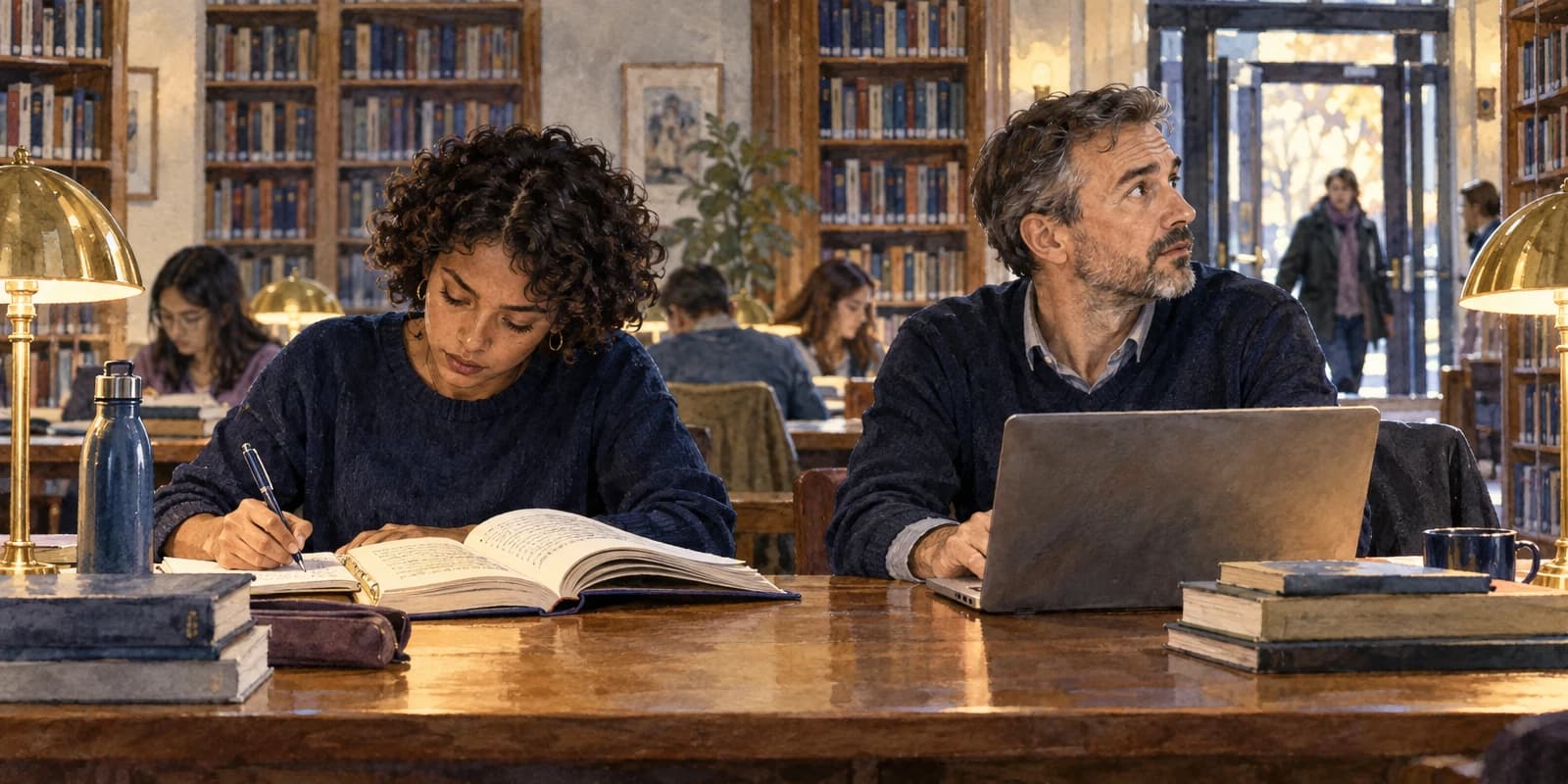 Numa biblioteca, uma jovem lê concentrada, alheia ao redor, enquanto um homem na mesma mesa ergue a cabeça, atento à porta que acaba de abrir.