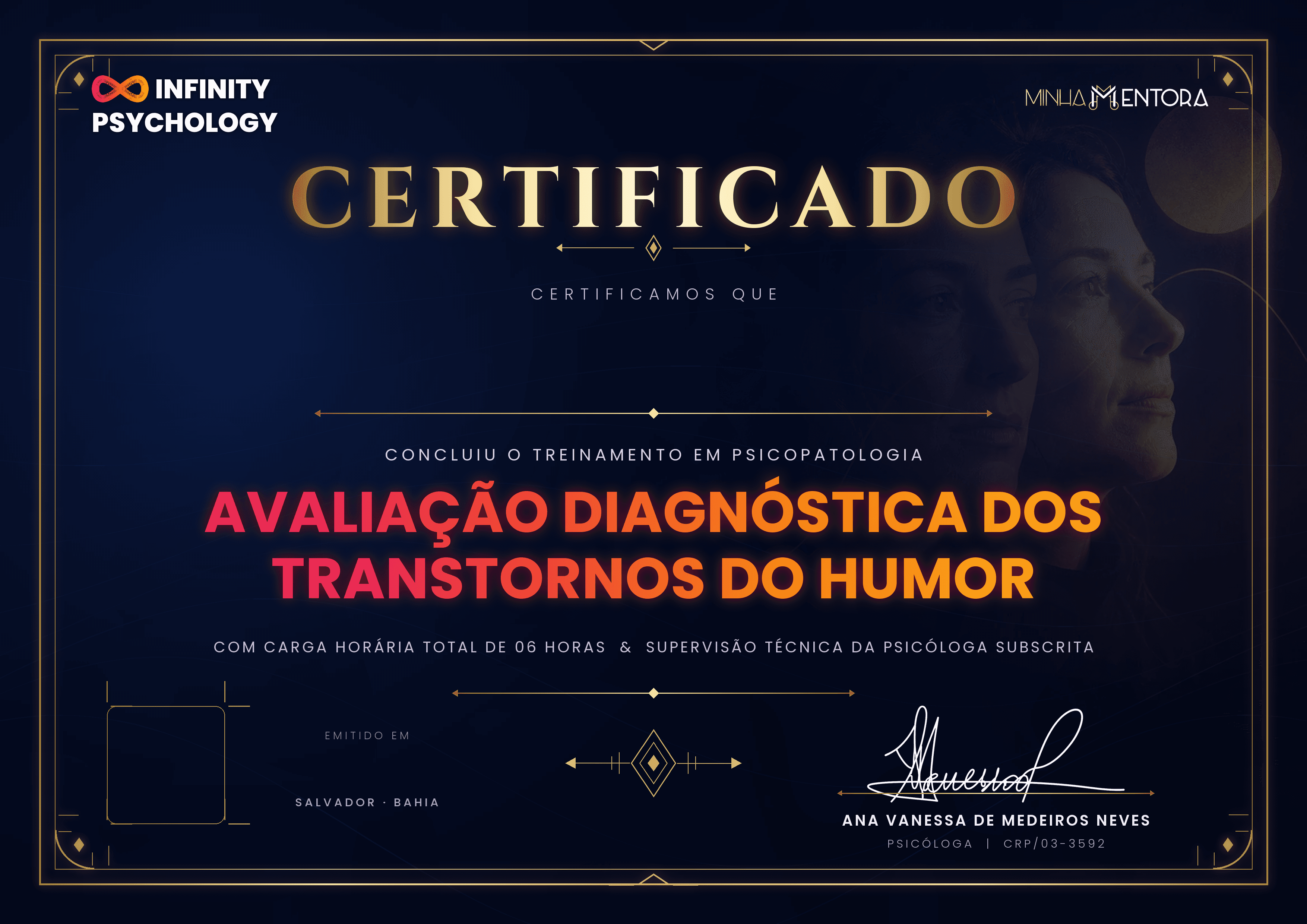Mockup do certificado digital do módulo Avaliação Diagnóstica dos Transtornos do Humor