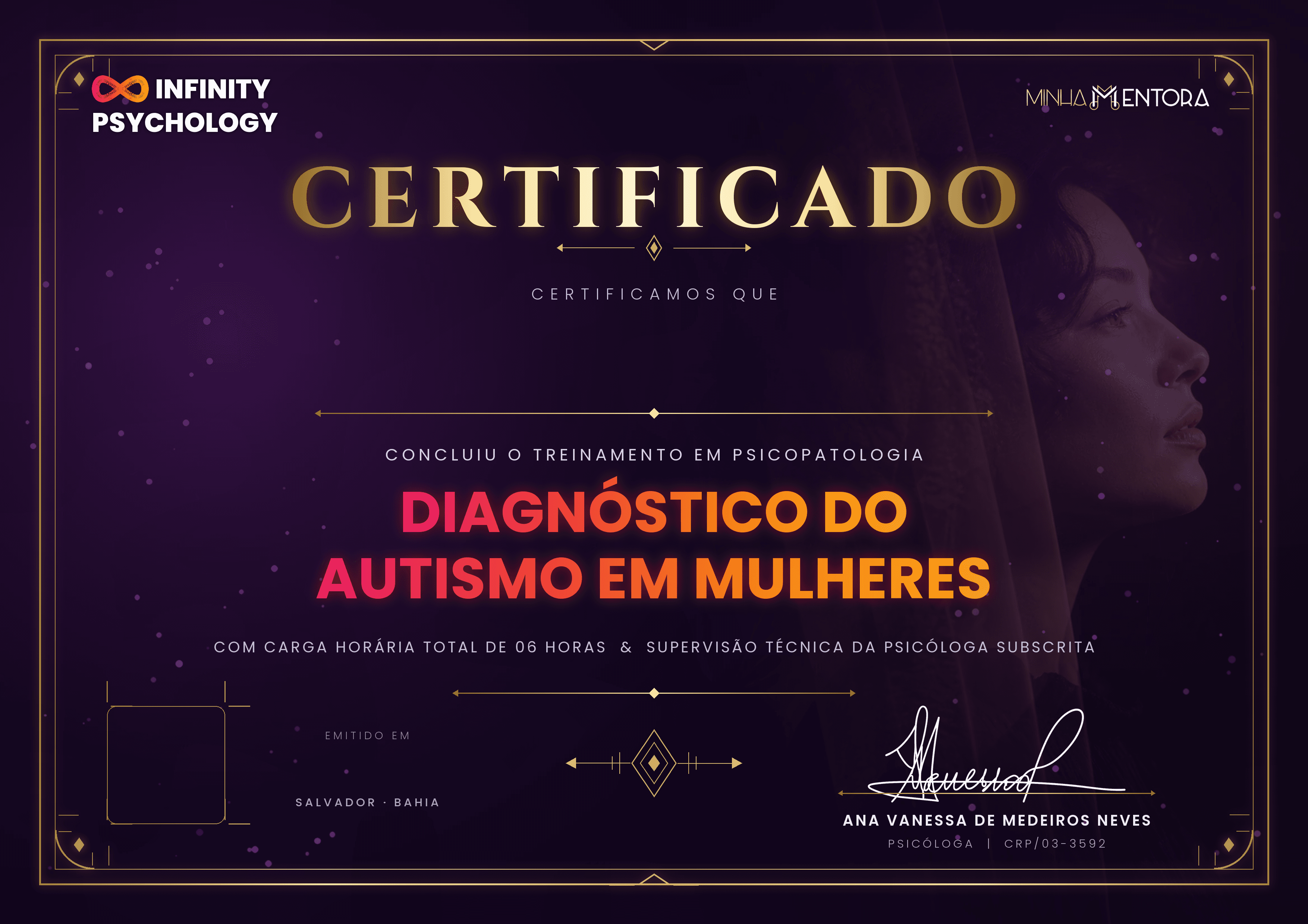 Mockup do certificado digital do módulo Diagnóstico do Autismo em Mulheres