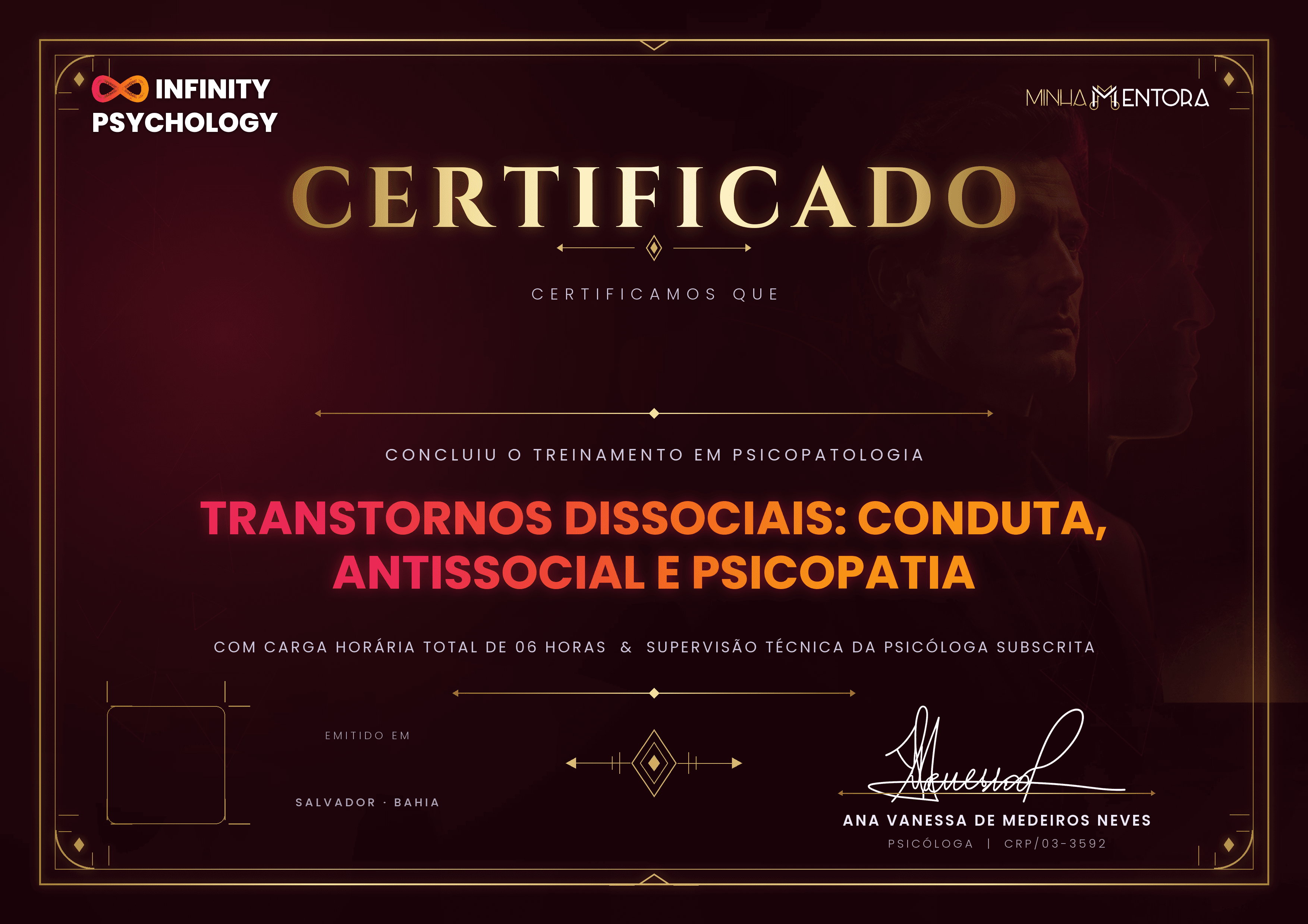 Mockup do certificado digital do módulo Transtornos Dissociais: Conduta, Antissocial e Psicopatia